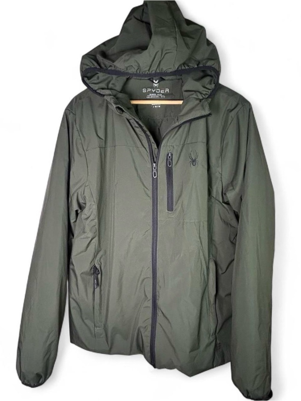 Spyder Men's Hooded Jacket Olive Size M Lite Water Resistant Performance Hiking